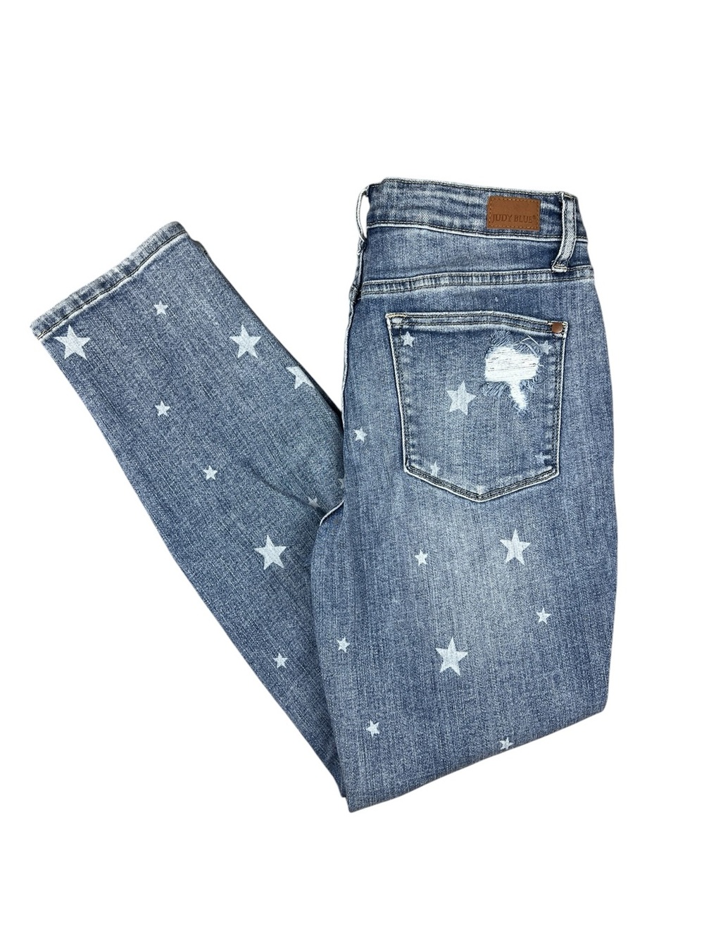 Judy‎ Blue Jeans Womens 11/30 Boyfriend Fit Stars Distressed JB88553 Denim